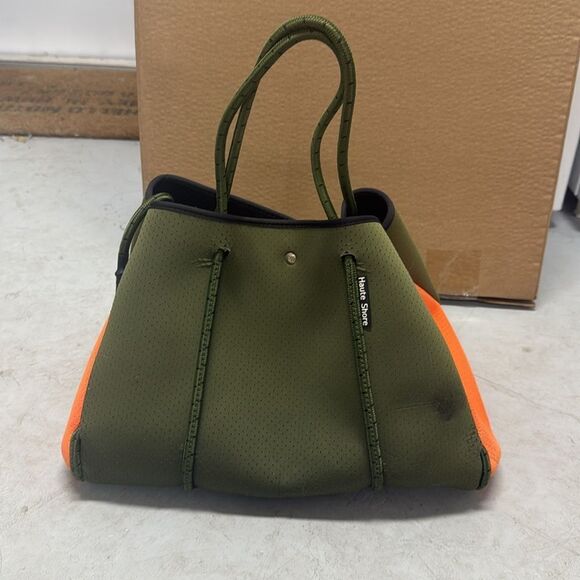 Stylish Olive Green and Orange Tote Bag - Neoprene Tote w Small Orange Clutch - Picture 4 of 6